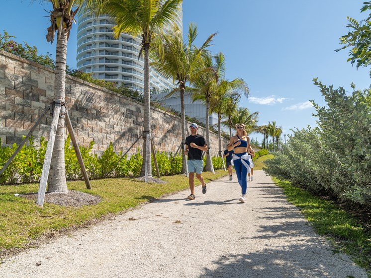 Two people walking down a path with palm trees on either side.